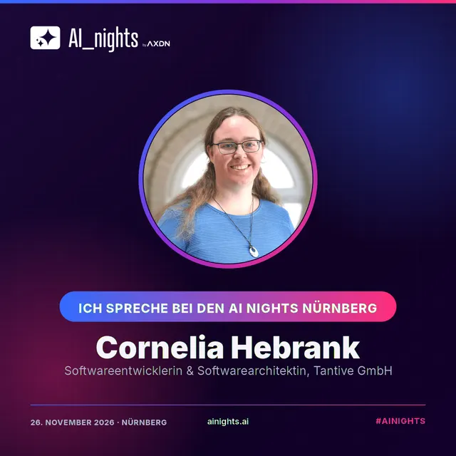 Announcement-Grafik für Cornelia Hebrank: rundes Portrait im AI-Nights-Design mit Logo, Name und Rolle „Softwareentwicklerin & Softwarearchitektin, Tantive GmbH“