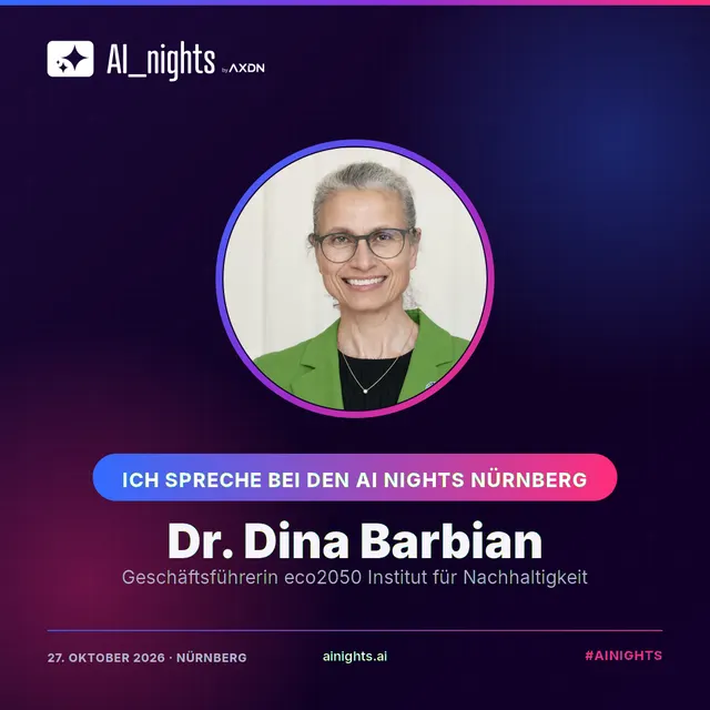 Announcement-Grafik für Dr. Dina Barbian: rundes Portrait im AI-Nights-Design mit Logo, Name und Rolle „Geschäftsführerin eco2050 Institut für Nachhaltigkeit“