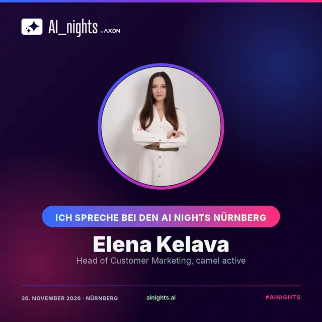 Announcement-Grafik für Elena Kelava: rundes Portrait im AI-Nights-Design mit Logo, Name und Rolle „Head of Customer Marketing, camel active“