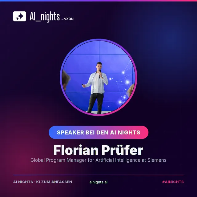 Announcement-Grafik für Florian Prüfer: rundes Portrait im AI-Nights-Design mit Logo, Name und Rolle „Global Program Manager for Artificial Intelligence at Siemens“