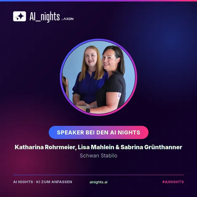 Announcement-Grafik für Katharina Rohrmeier, Lisa Mahlein & Sabrina Grünthanner: rundes Portrait im AI-Nights-Design mit Logo, Name und Rolle „Schwan Stabilo“