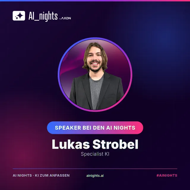 Announcement-Grafik für Lukas Strobel: rundes Portrait im AI-Nights-Design mit Logo, Name und Rolle „Specialist KI“