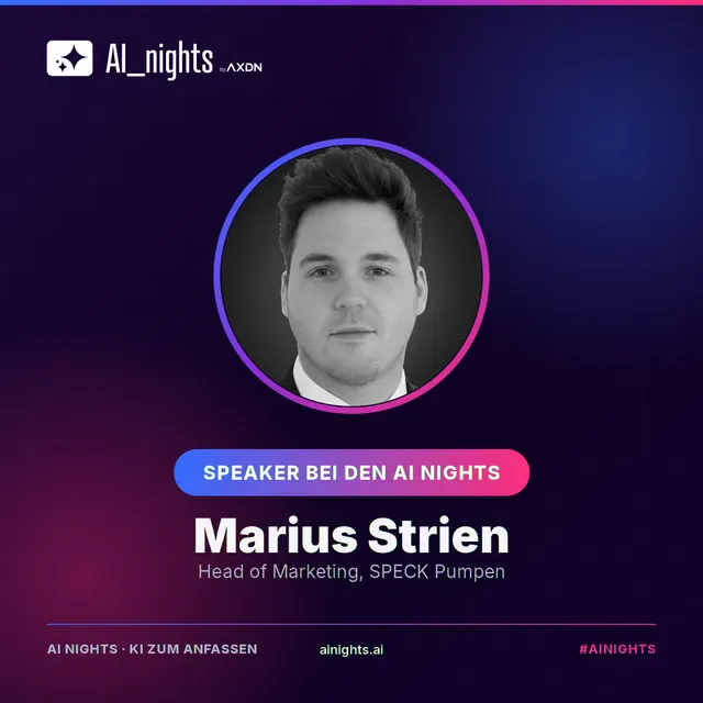 Announcement-Grafik für Marius Strien: rundes Portrait im AI-Nights-Design mit Logo, Name und Rolle „Head of Marketing, SPECK Pumpen“