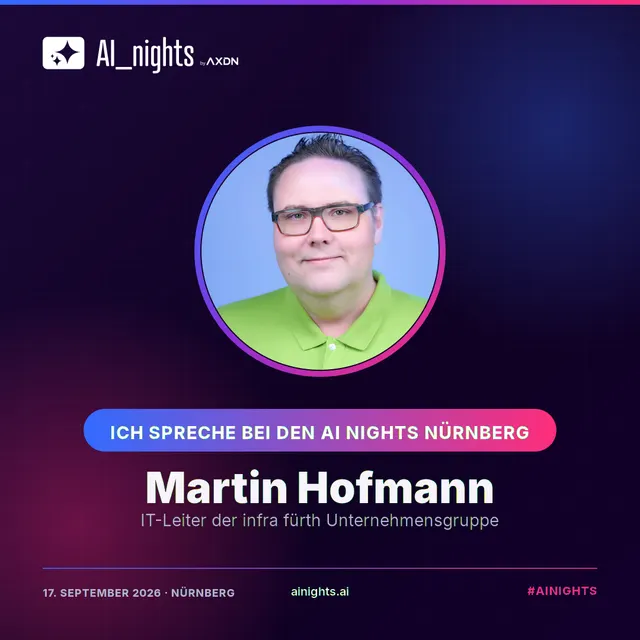 Announcement-Grafik für Martin Hofmann: rundes Portrait im AI-Nights-Design mit Logo, Name und Rolle „IT-Leiter der infra fürth Unternehmensgruppe“
