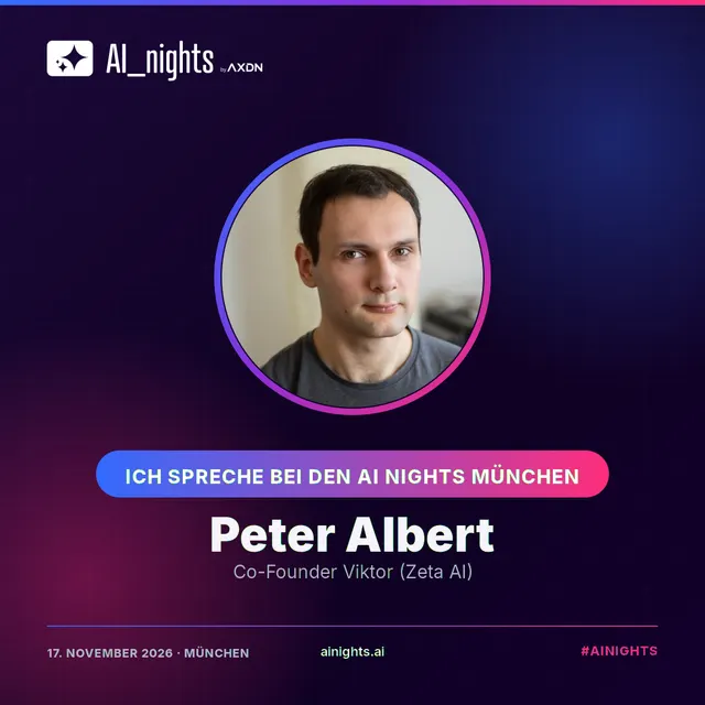 Announcement-Grafik für Peter Albert: rundes Portrait im AI-Nights-Design mit Logo, Name und Rolle „Co-Founder Viktor (Zeta AI)“