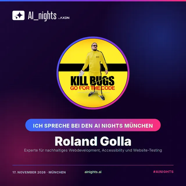 Announcement-Grafik für Roland Golla: rundes Portrait im AI-Nights-Design mit Logo, Name und Rolle „AI Engineer & YouTuber, Never Code Alone“