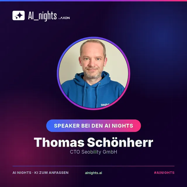 Announcement-Grafik für Thomas Schönherr: rundes Portrait im AI-Nights-Design mit Logo, Name und Rolle „CTO Seobility GmbH“