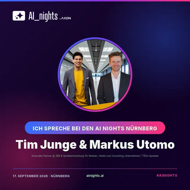 Announcement-Grafik für Tim Junge & Markus Utomo: rundes Portrait im AI-Nights-Design mit Logo, Name und Rolle „Associate Partner @ IBM & Spieleentwicklung für Marken, Hotels und Consulting Unternehmen | TEDx-Speaker“