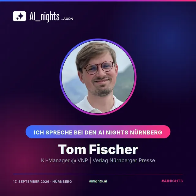 Announcement-Grafik für Tom Fischer: rundes Portrait im AI-Nights-Design mit Logo, Name und Rolle „KI-Manager @ VNP | Verlag Nürnberger Presse“